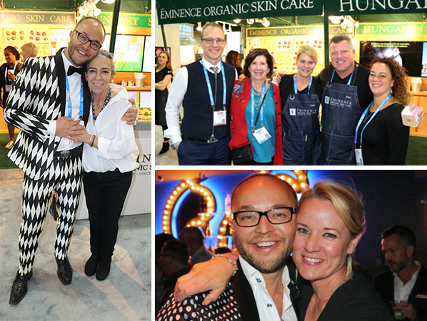 Eminence Organics team members standing outside the company booth, dancing and partaking in other activities at the 2016 ISPA Conference & Expo.